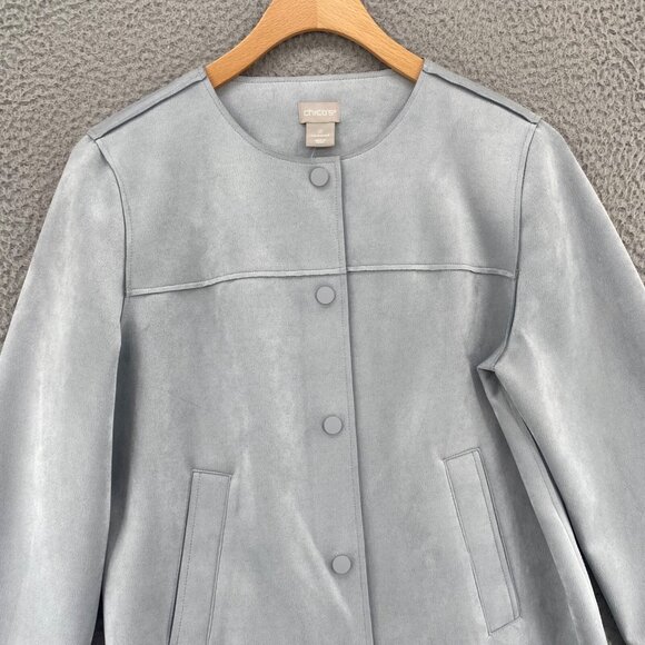 Chicos Jacket Womens 0 US Small Blue Grey Scuba Suede Stretch Snap Up Pocket NWT - Picture 2 of 11